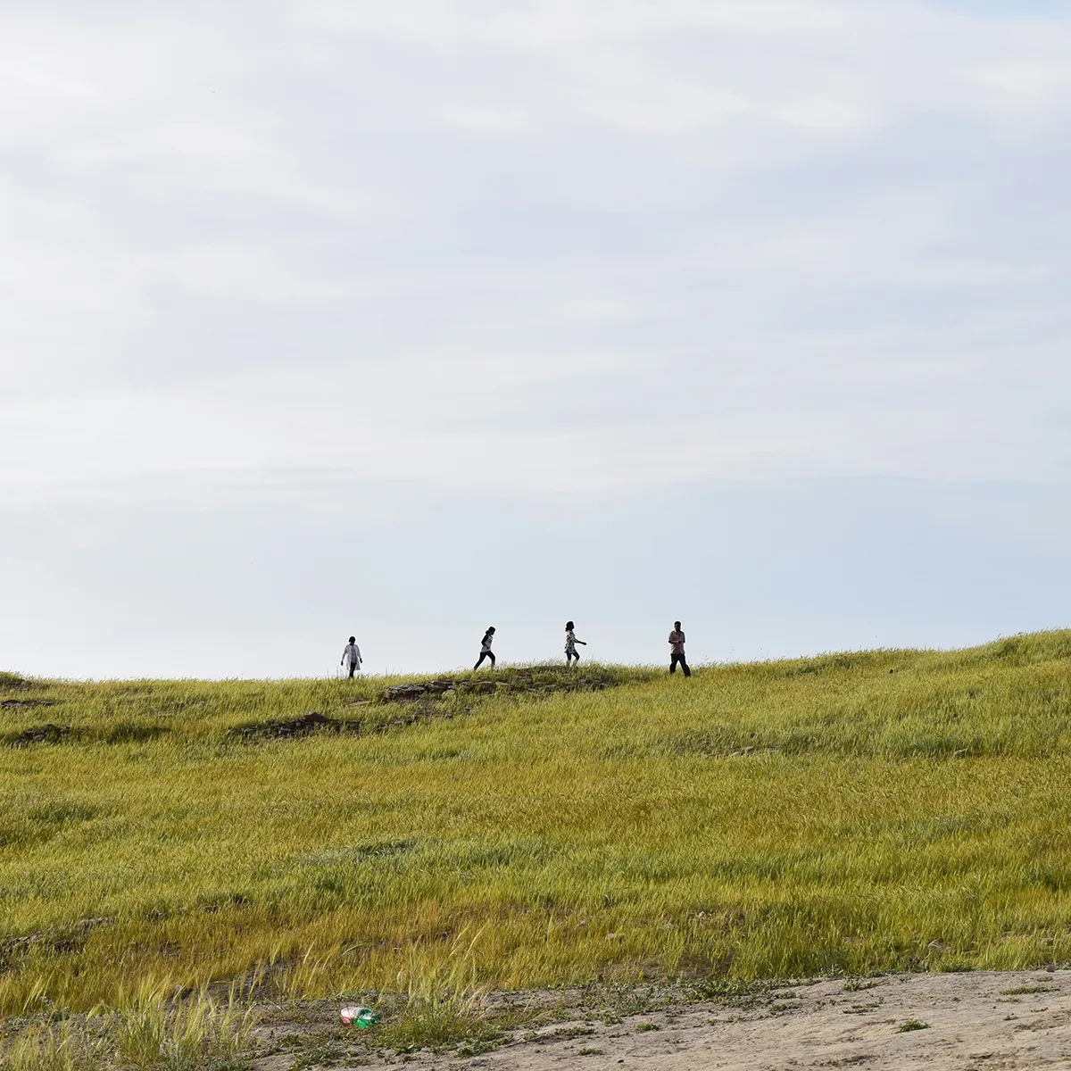 Four people walk along a grassy hill under a cloudy sky, with sand in the foreground.