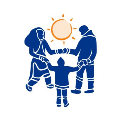 Logo for Tukisigiarvik Centre including three people holding hands in a circle with a sun rsing.